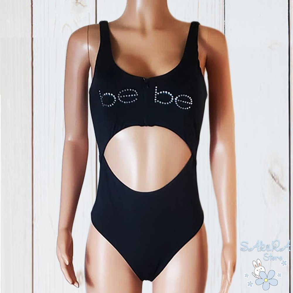 NWT BEBE AUTHENTIC WOMEN'S BLACK RHINESTONES LOGO ONE PIECE SWIM ZIP MONOKINI